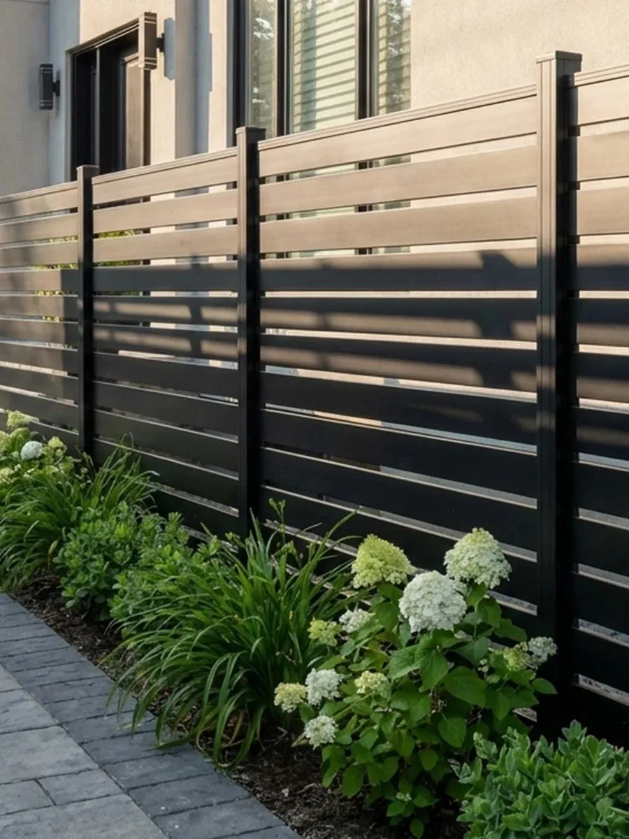 Modern black horizontal slat iron fence beside a garden