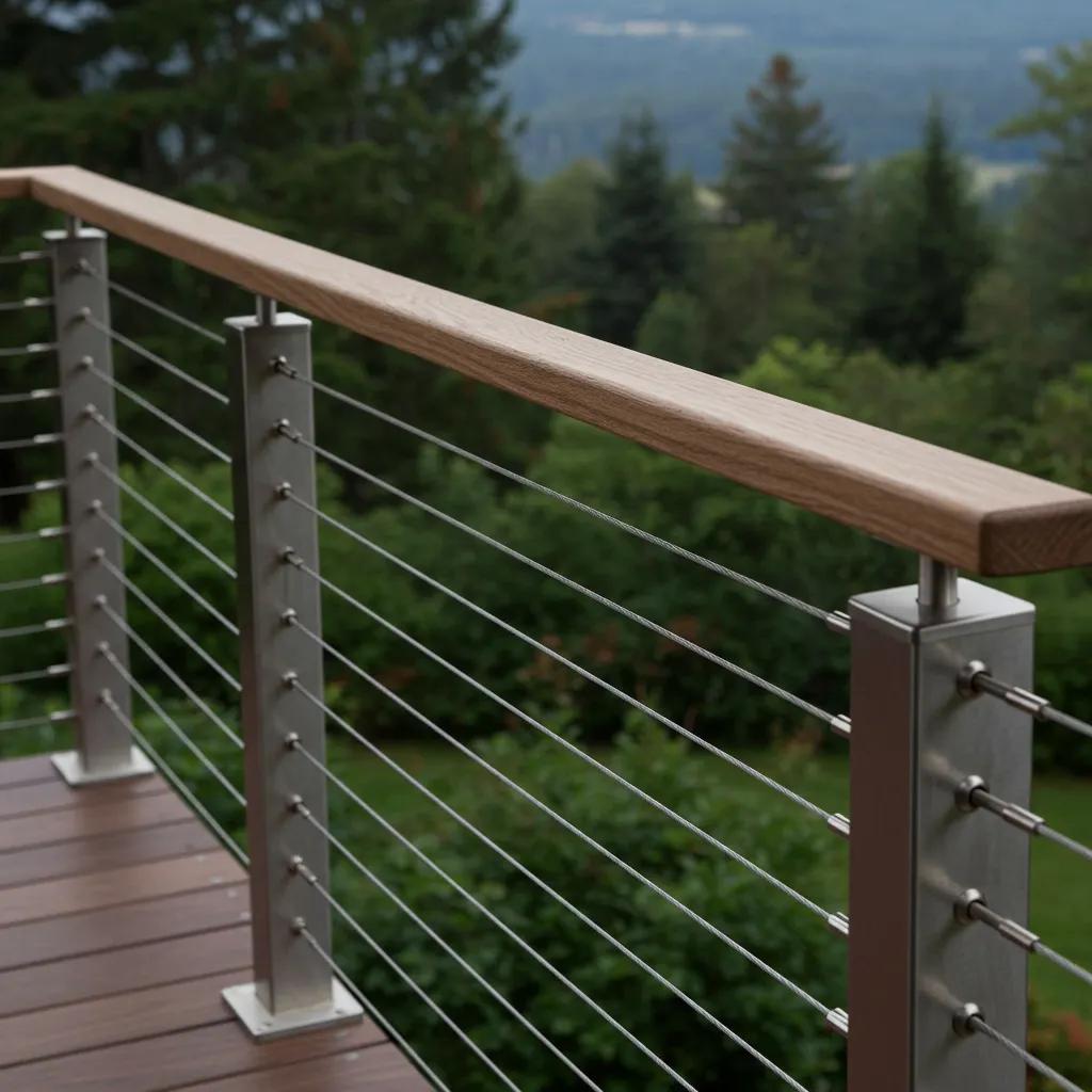 Detailed view of a cable railing system, emphasizing its visual clarity and modern design
