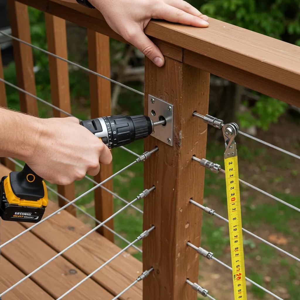 Professional installing cable railing, showing tools and components in use