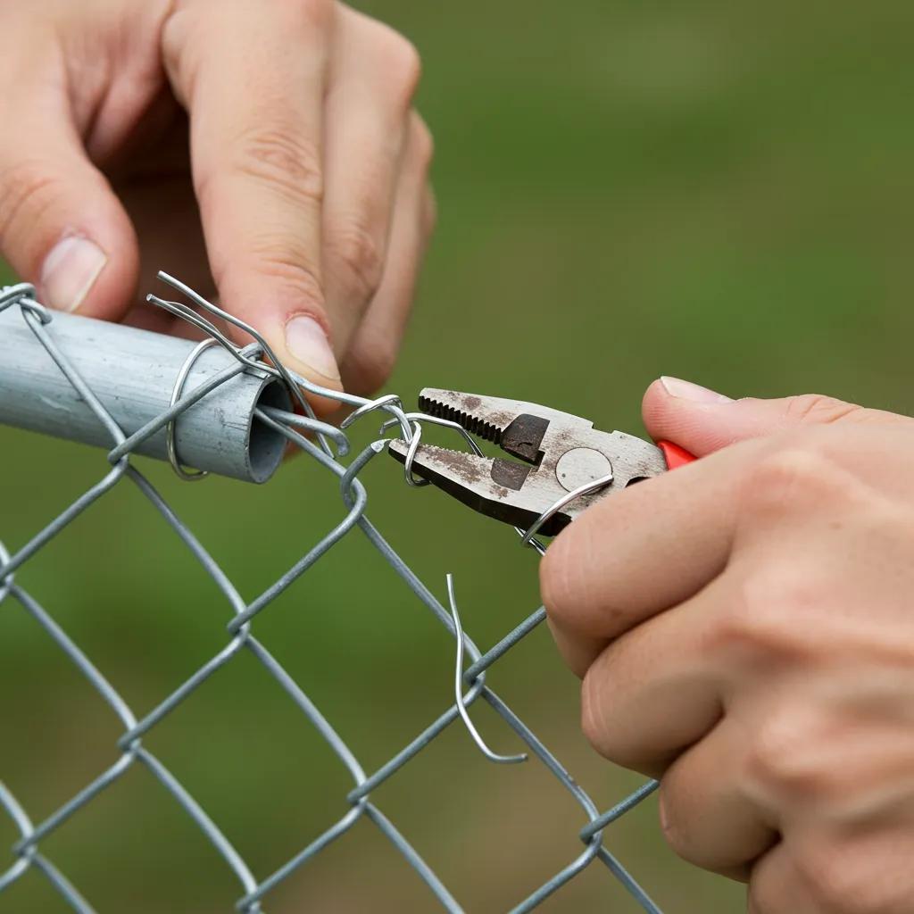 Close-up of a person repairing a chain link fence by weaving replacement wire