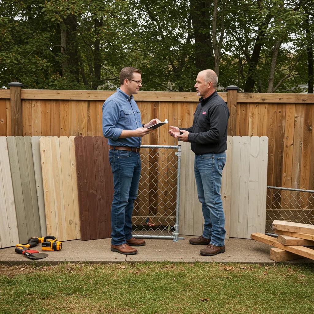 Contractor explaining fence installation costs and options to a homeowner outdoors