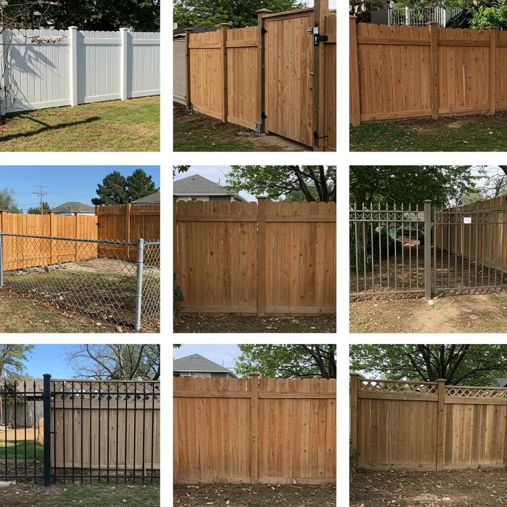 Different types of fences including vinyl, wood, chain link, and wrought iron in an outdoor setting