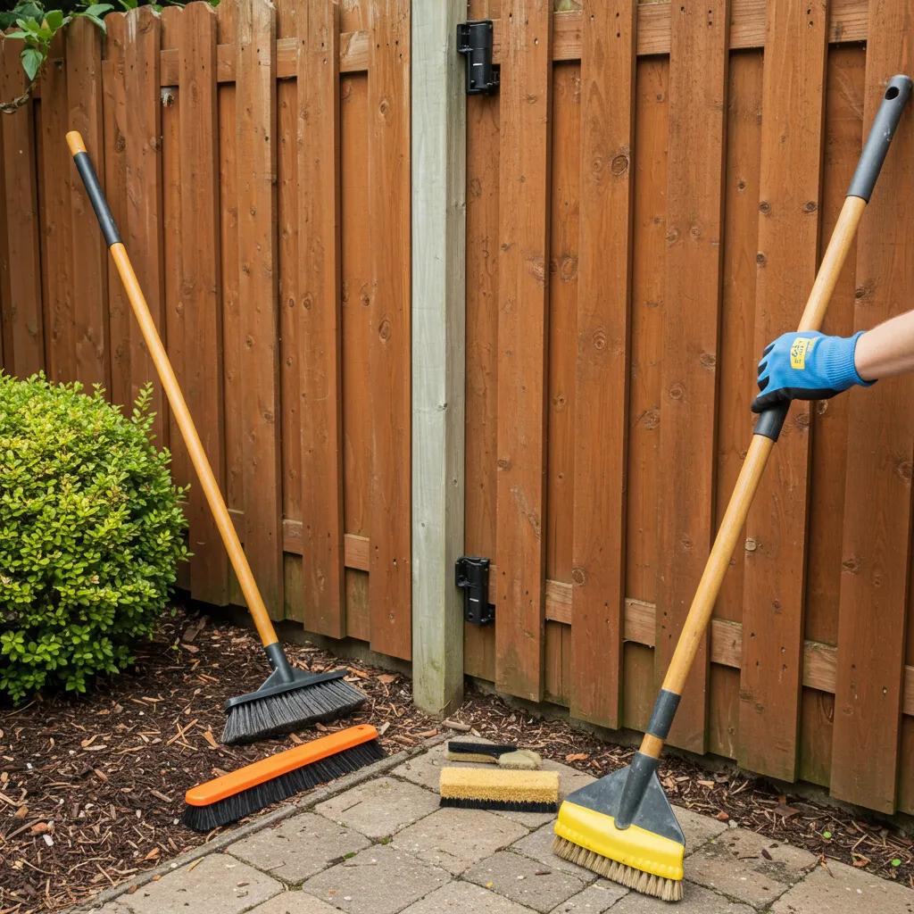 Homeowner performing maintenance on a wooden fence in a garden setting