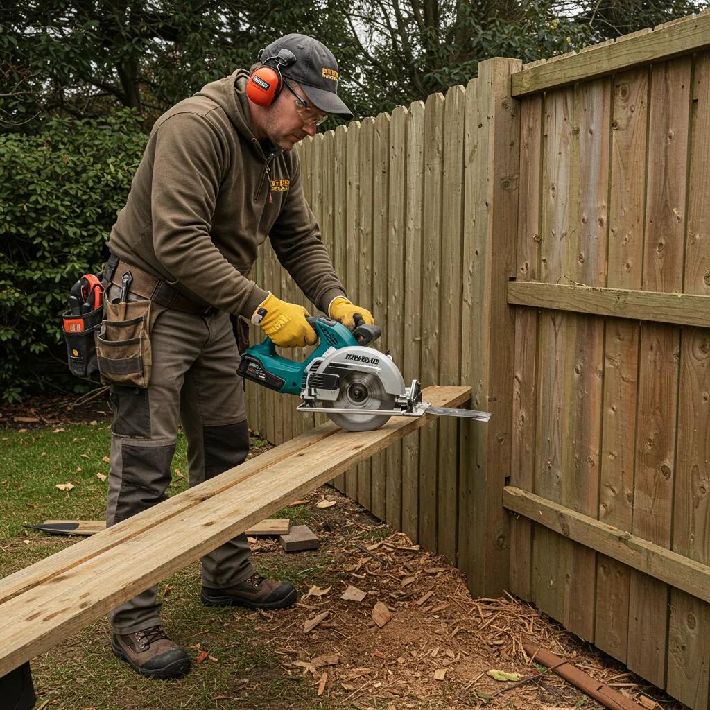 Homeowner repairing a wooden fence by replacing a rotted board with tools