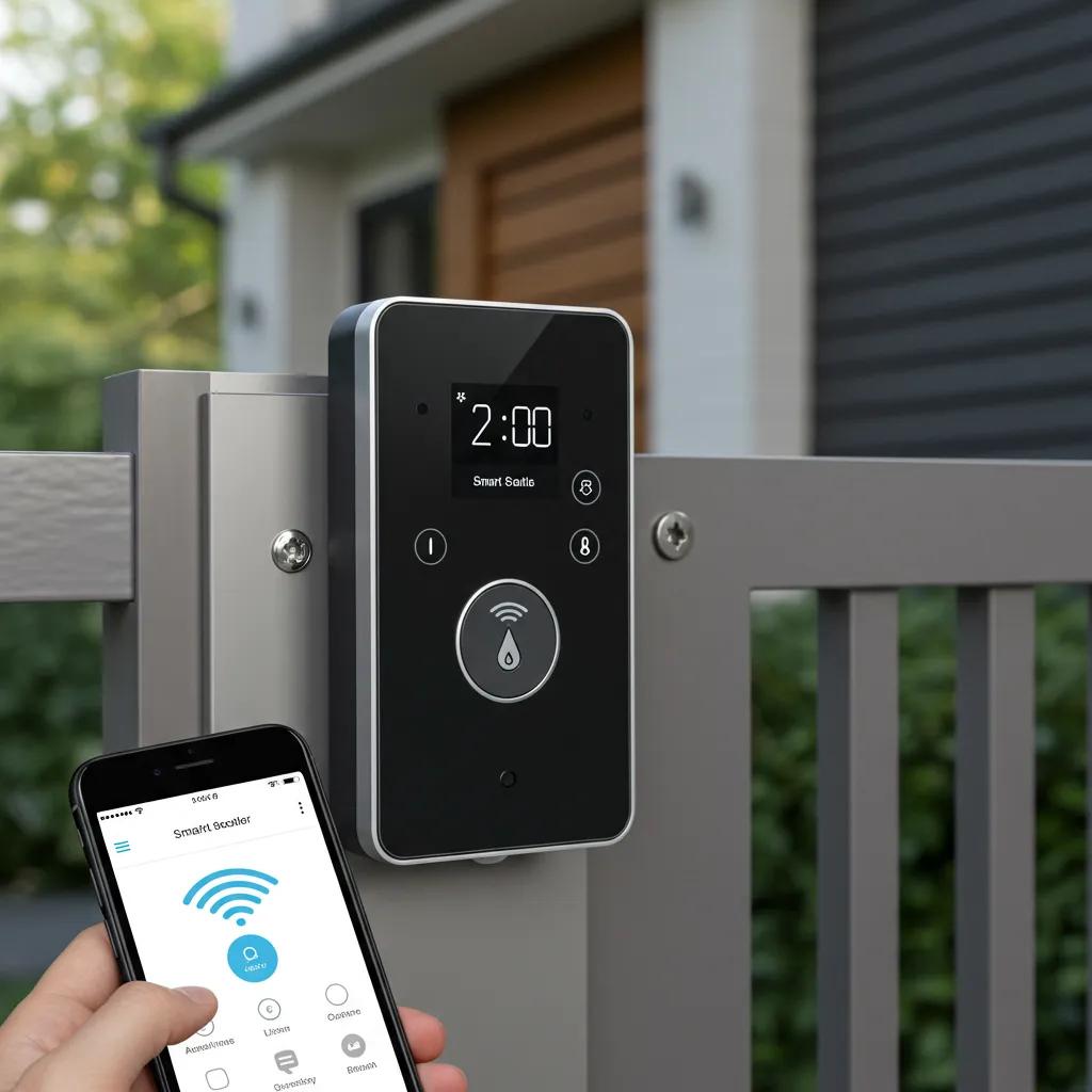 Smart fence gate control panel with digital interface and smartphone integration